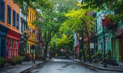 Fototapeta premium A vibrant street scene with colorful buildings and lush green trees lining the avenue
