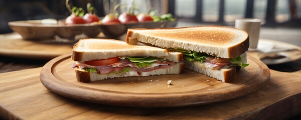 Delicious Toast Sandwich served on wooden table. Extremely detailed and realistic high resolution illustration