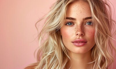Naklejka premium Beautiful blonde girl with long, wavy hair. Beautiful woman model with curly hairstyle fashion.