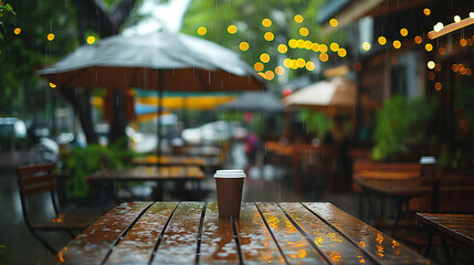 Takeaway cup on the cafe table outside under rain with bokeh background