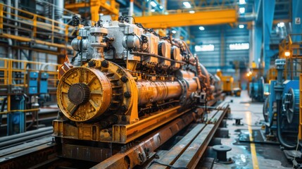 Fototapeta premium Installation of a powerful marine engine in a large vessel, showcasing intricate engineering and heavy machinery in an industrial shipyard, emphasizing power and capability. 