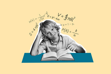 Composite photo collage of bored blonde schoolboy hold book illiterate lazy guy math homework...