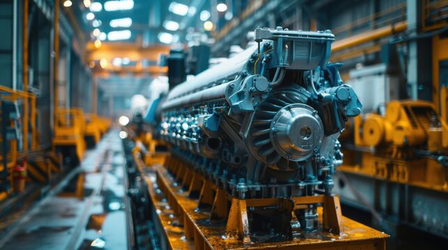 Installation of a powerful marine engine in a large vessel, showcasing intricate engineering and heavy machinery in an industrial shipyard, emphasizing power and capability. 