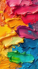 Vibrant close-up of colorful oil paint texture on a canvas, showcasing a beautiful blend of hues and artistic creativity.