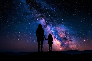 A mother and her daughter stand in awe under the starry sky, captivated by the beauty of the Milky Way. Countless twinkling stars create a magical moment of bonding and wonder in the vast universe