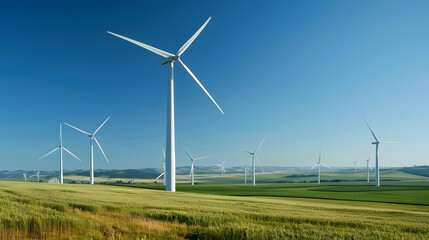 Wind farm on a sunny day with clear blue skies