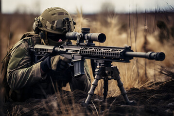 Fototapeta premium A man aims an automatic weapon while in a lush forest.