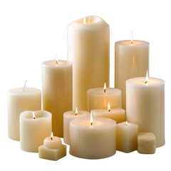 A variety of lit white candles of different shapes and sizes, creating a warm and serene ambiance against a white background.