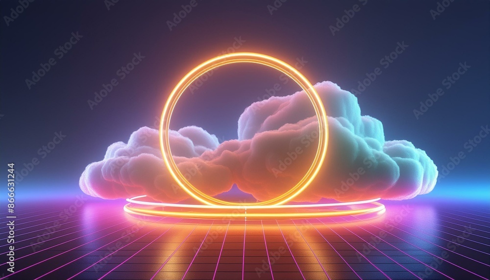 Poster 3d render, abstract geometric background of colorful illuminated cloud and glowing neon linear circl