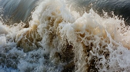 A close-up of a wave crashing on the shore, capturing the dynamic energy and force of water.