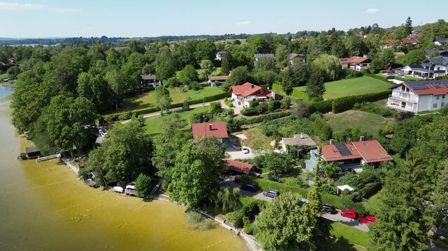 lake germany bavaria pitoresque forward drone aerial beach clear water blue sunshine summer weather
