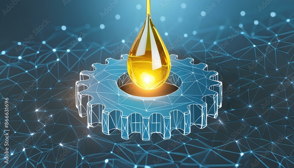 Poster abstract cog gear with falling drop of oil. machine motor service concept. low poly style design. ge
