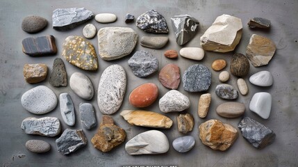 A collection of different-sized and textured stones arranged in a random pattern.