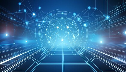 Obraz premium Abstract technological background. Futuristic illustration of high computer and communication technologies on a blue background. High tech digital technology, global social media concept