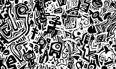 Complex Doodle Patterns, Black and White Graffiti Style, No Background