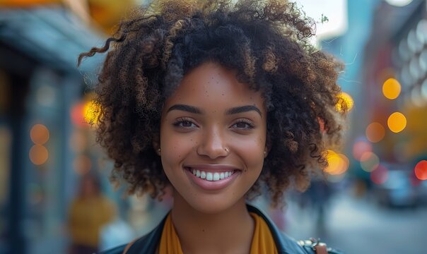 In the bustling city, a businesswoman beams with joy and laughter.