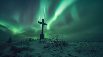 Naklejka premium Wooden cross standing on a snowy mountain with the aurora borealis illuminating a green sky