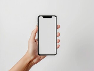 Modern Interface Innovation: A Hand Holding an iPhone with a Blank Screen Mockup on a White Background - A Realistic Style for Tech Enthusiasts