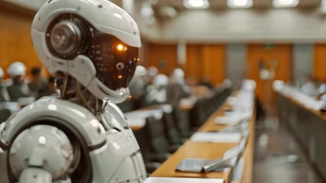 A white robot with a glowing visor is in a conference room, seemingly attending a meeting. It is looking forward at the audience, with rows of desks and chairs behind it.