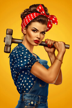  Pin-up. Girl Power. Patriotic Labor Day girl. American Labor Day. Girl Power. Patriotic woman. Labor Day worker concept. Labor Day poster. We can do it. Retro Pin-up girl.