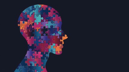 Colorful puzzle head silhouette on dark background, mental health concept