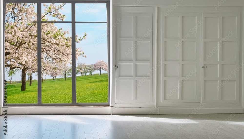 Aufkleber light empty modern room with a spring landscape in the window.