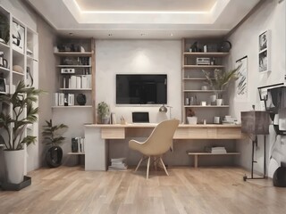 modern room with tv, table and couple shelves 