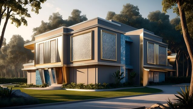 A photorealistic modern villa near the forest, rendered in digital art with hyper-realistic textures, stands majestically amidst lush greenery, its neoclassic facade adorned with intricate patterned .