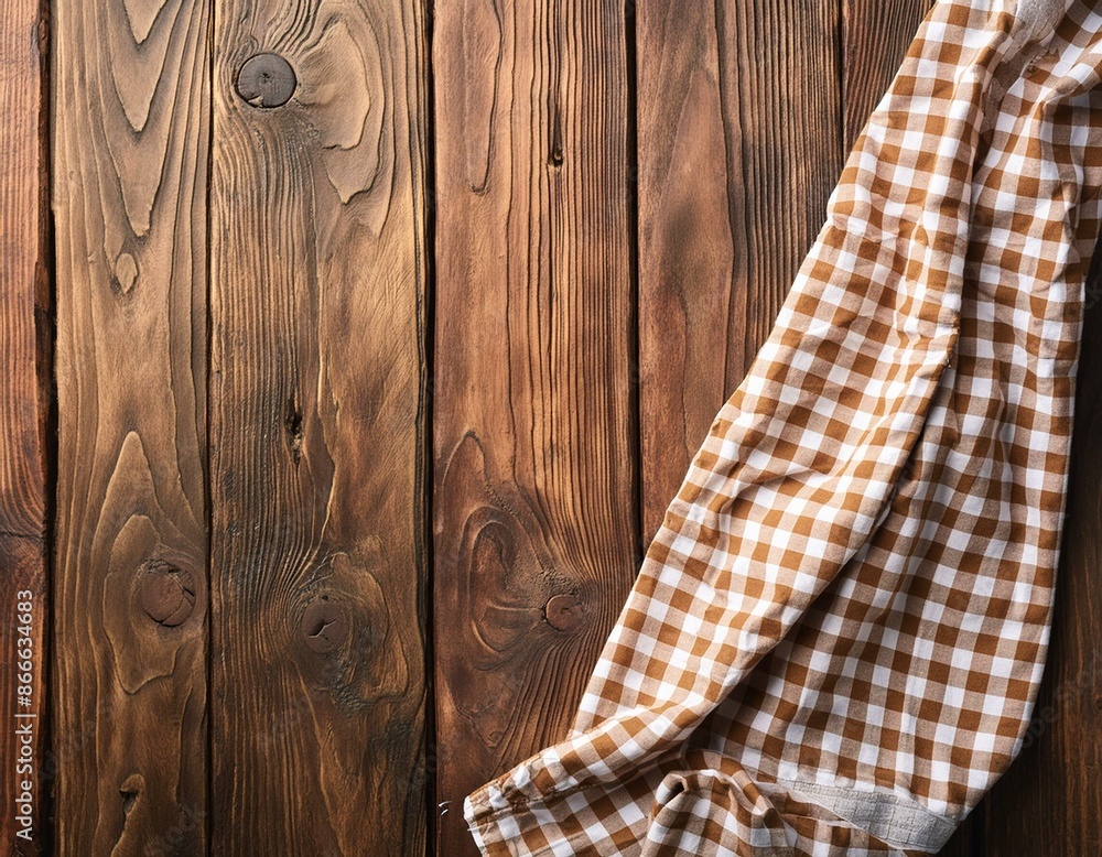 Poster old wooden table with checked gingham tablecloth and rustic texture top view