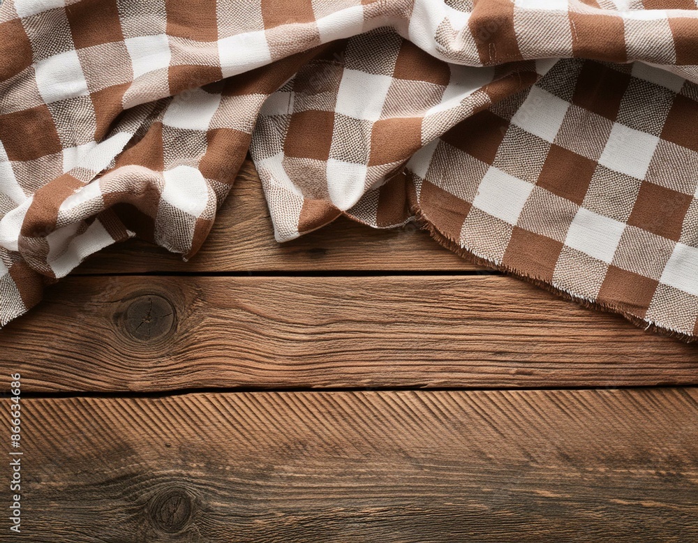 Aufkleber old wooden table with checked gingham tablecloth and rustic texture top view