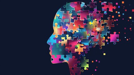 Colorful puzzle head silhouette on dark background, mental health concept
