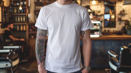 Fototapeta premium A man wearing a blank white t-shirt stands in a barbershop