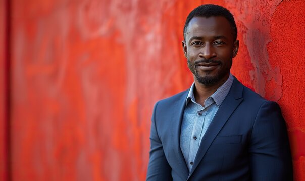 Confident African businessman, exuding professionalism and charisma, stands against a vibrant red backdrop, dressed in a sharp navy suit.