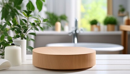 Fototapeta premium round wooden display podium on blurred bathroom background lifestyle photo