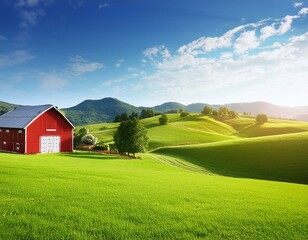 Obraz premium Rural landscape with a farm on field. Beautiful nature with sunny green hills, red old barn and blue sky. Country background for card, banner, poster