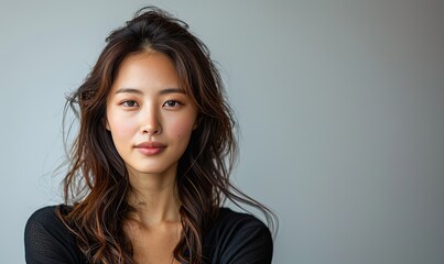 Fototapeta premium Korean woman in a studio with crossed arms, confident and elegant corporate worker pose with serious expression.