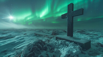 Wooden cross covered in snow with the aurora borealis shining above a snowy landscape