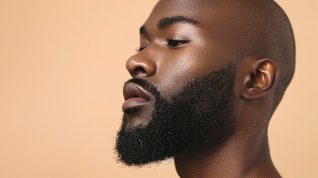 A profile of an African American man with a well-groomed beard, showcasing clear skin and confidence - Powered by Adobe