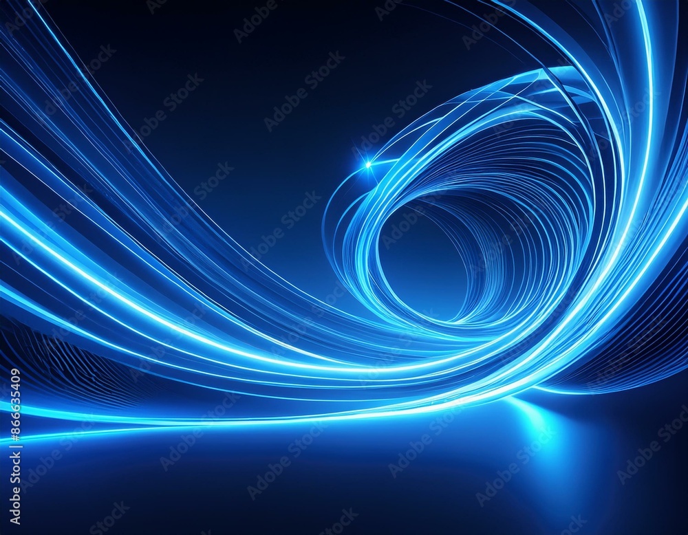 Poster swirling neon blue light trails with luminous glow and swoosh effect creating abstract 3d forms digi