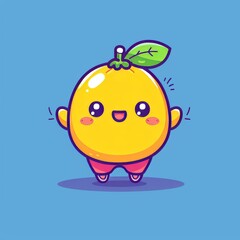 Fototapeta premium This delightful cartoon lemon character exudes happiness with a big smile, rosy cheeks, red sneakers, and a green leaf. It stands out on a vibrant blue background, radiating positivity and freshness