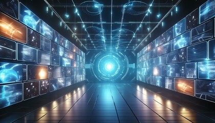 Obraz premium wall of glowing media screens displaying futuristic content conceptual 3d illustration