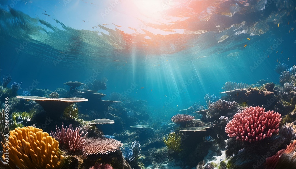 Wall mural World ocean wildlife landscape, sunlight through water surface with coral reef on the ocean floor, natural scene. Abstract underwater background