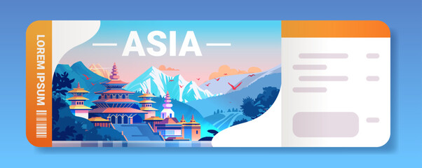 Asian temple landscape with mountains birds and trees in vibrant colors travel ticket design