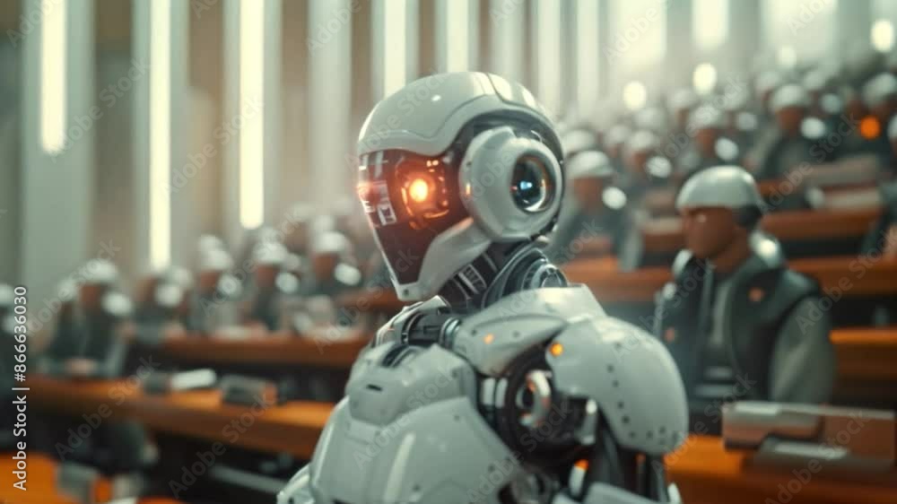 Aufkleber A white humanoid robot sits in an auditorium filled with other robots.