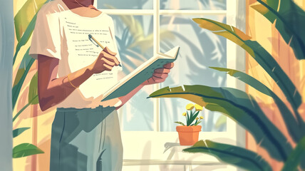 Obraz premium Woman Writing in Notebook by Sunlit Window with Indoor Plants in a Cozy Home Environment