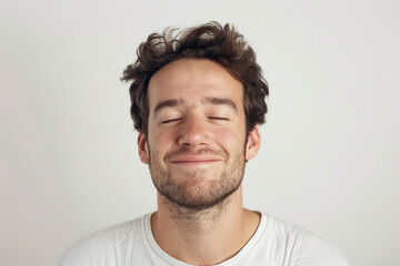 A man with a relaxed smile and closed eyes, completely isolated from the environment, set against a plain white background