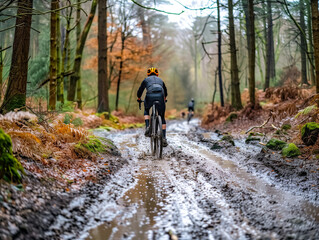 A cyclist on a grevel rides on a muddy forest path