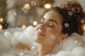 A woman relaxes in the bathtub, surrounded by bubbles and steam, her eyes closed in a serene smile as she prepares herself for an afternoon of relaxation