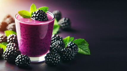 vibrant blackberry smoothie in a clear glass, garnished with fresh blackberries and a sprig of mint