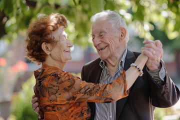 Fototapeta premium An elderly couple dances joyfully at a neighborhood social event, radiating happiness and camaraderie